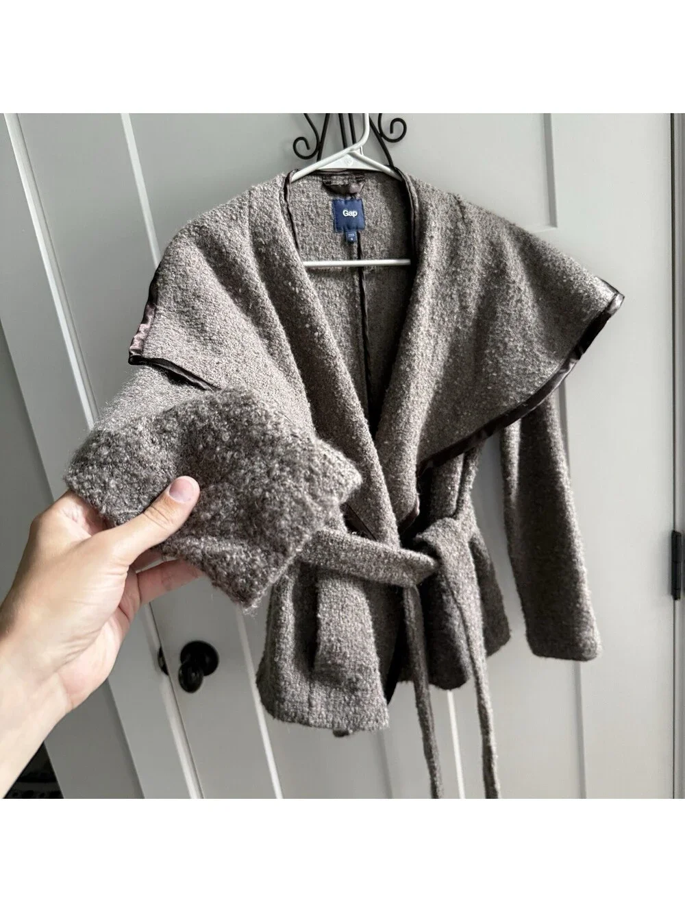 Gap Wool Blend Boucle Wrap Jacket Womens Small Belted Shawl Collar Gray